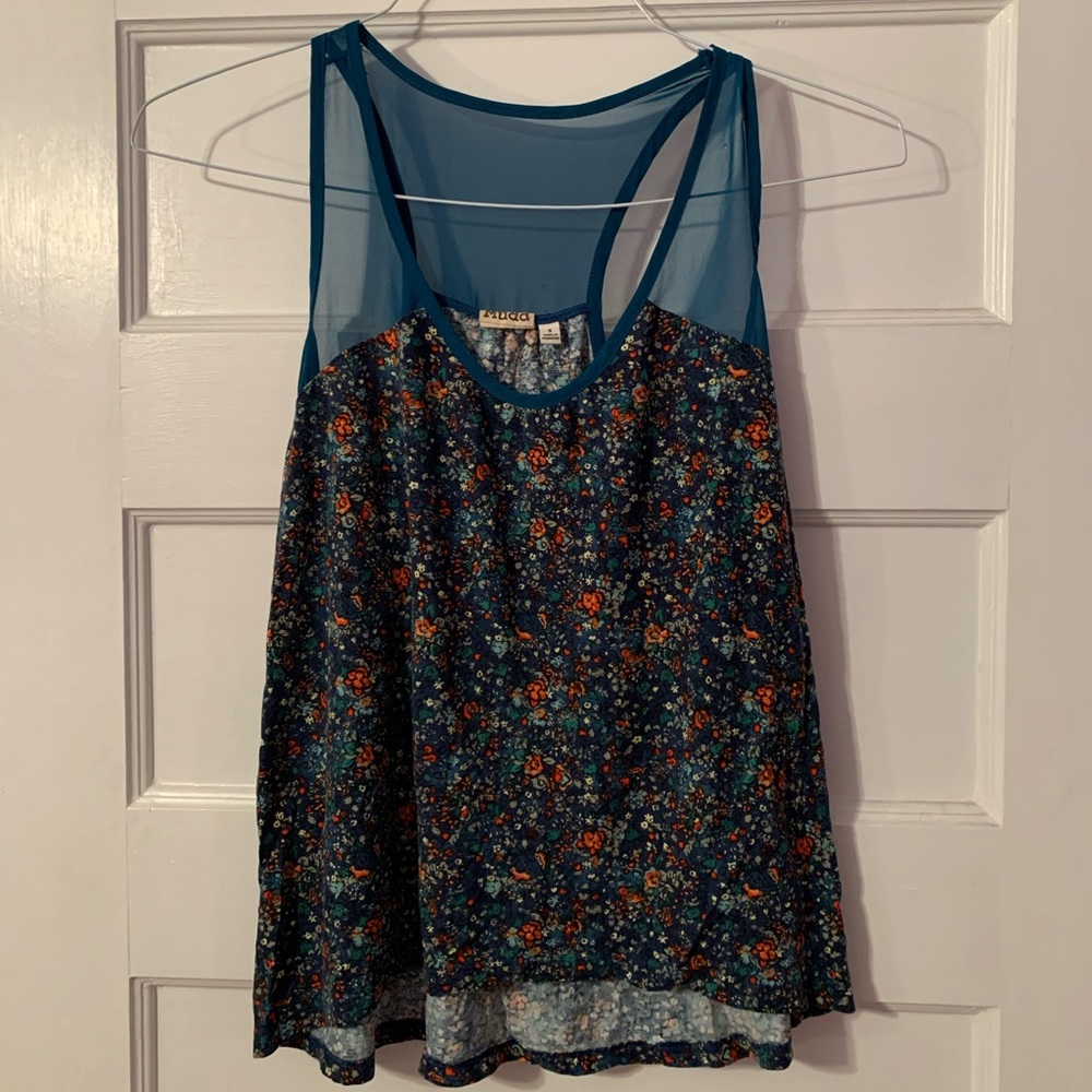 Navy/Teal Floral Flowing Tank w/ Mesh Detailing